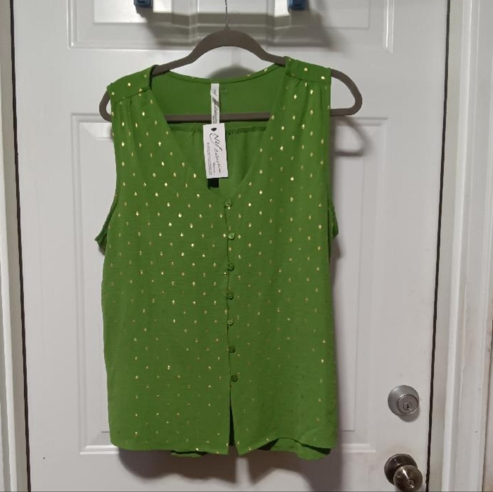 NWT NY Collection 1X Green Sleeveless Tank with Gold Dots